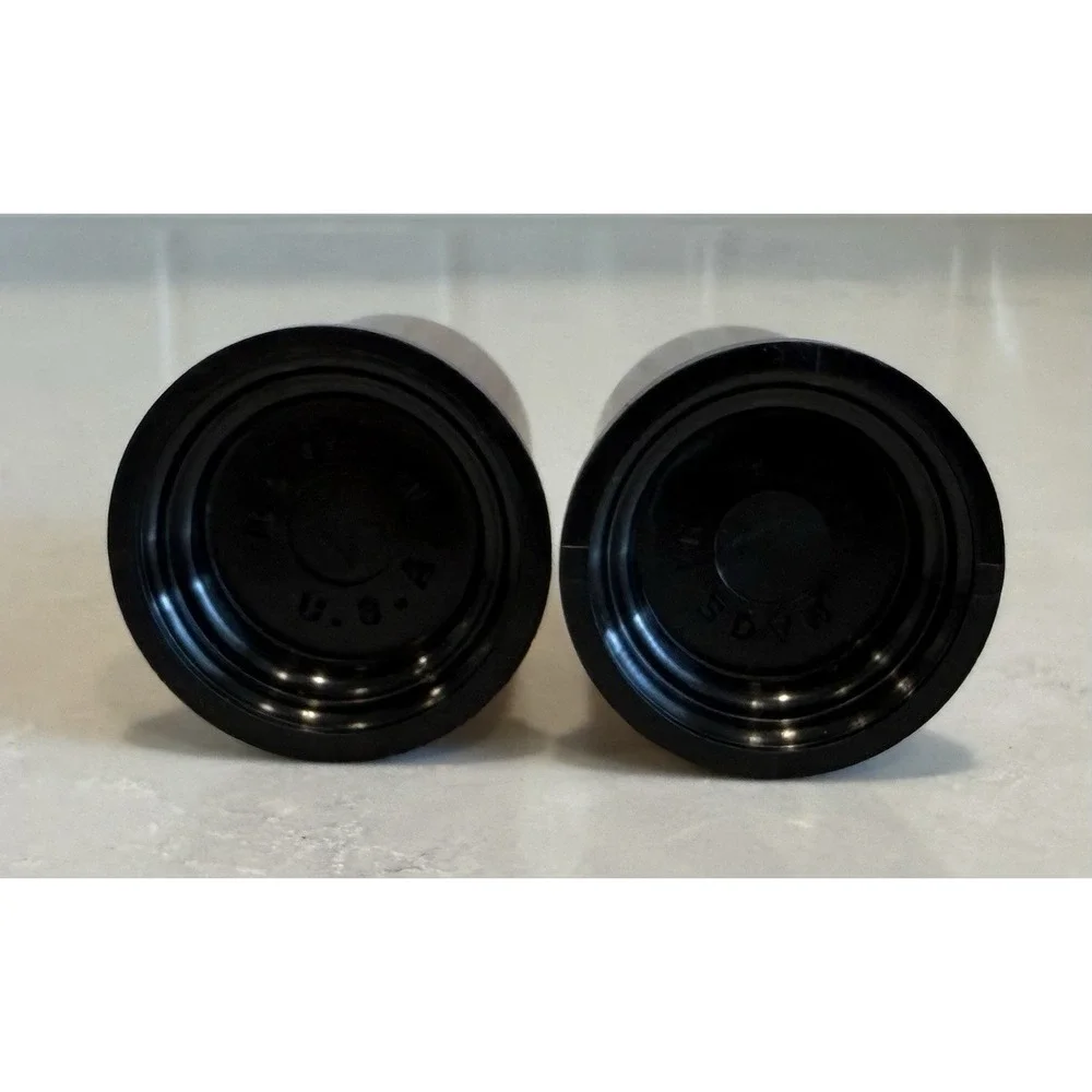 Mid-Century 1960s Salt Pepper Shakers Copper Black Bottom Stylized Initials Font